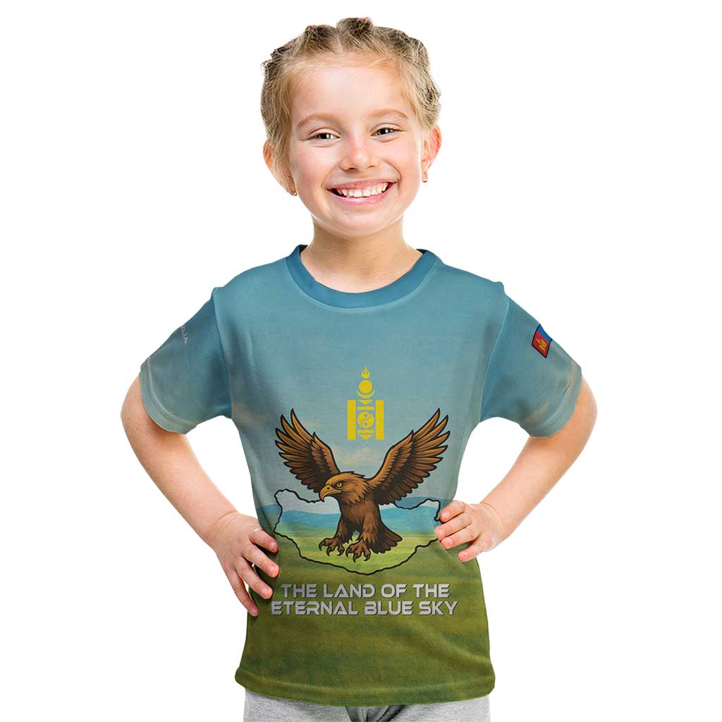 Mongolia Kid T Shirt with Eagle Map Eternal Blue Sky Steppe Spirit