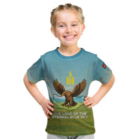 Mongolia Kid T Shirt with Eagle Map Eternal Blue Sky Steppe Spirit