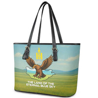 Mongolia Leather Tote Bag with Eagle Map Eternal Blue Sky Steppe Spirit