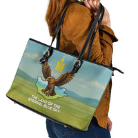 Mongolia Leather Tote Bag with Eagle Map Eternal Blue Sky Steppe Spirit