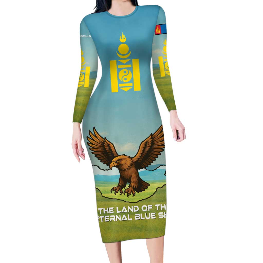 Mongolia Long Sleeve Bodycon Dress with Eagle Map Eternal Blue Sky Steppe Spirit