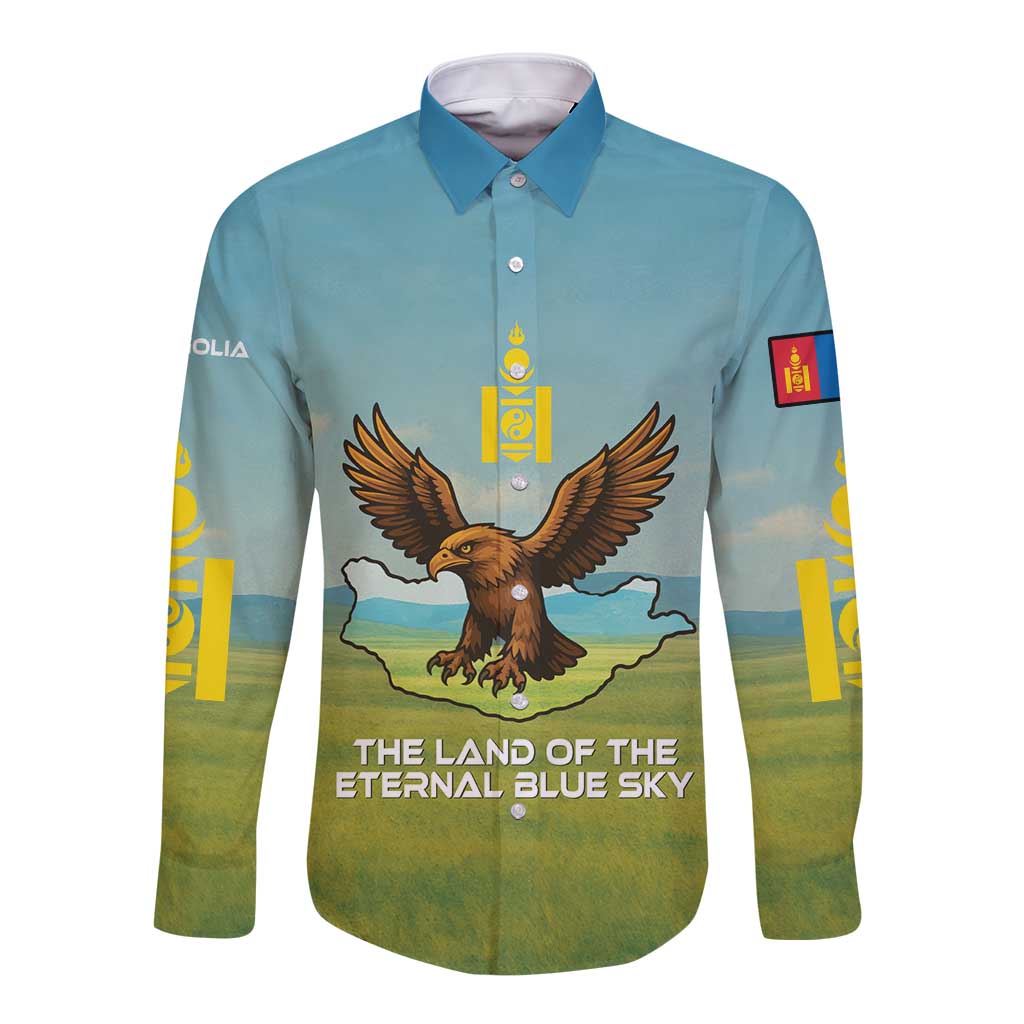 Mongolia Long Sleeve Button Shirt with Eagle Map Eternal Blue Sky Steppe Spirit