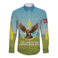 Mongolia Long Sleeve Button Shirt with Eagle Map Eternal Blue Sky Steppe Spirit