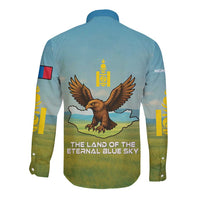 Mongolia Long Sleeve Button Shirt with Eagle Map Eternal Blue Sky Steppe Spirit