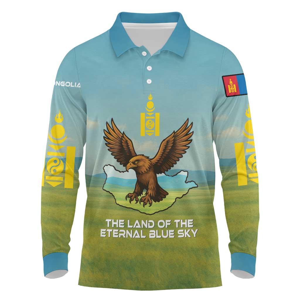 Mongolia Long Sleeve Polo Shirt with Eagle Map Eternal Blue Sky Steppe Spirit