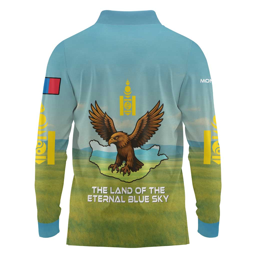Mongolia Long Sleeve Polo Shirt with Eagle Map Eternal Blue Sky Steppe Spirit