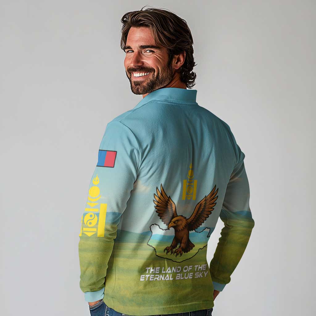 Mongolia Long Sleeve Polo Shirt with Eagle Map Eternal Blue Sky Steppe Spirit