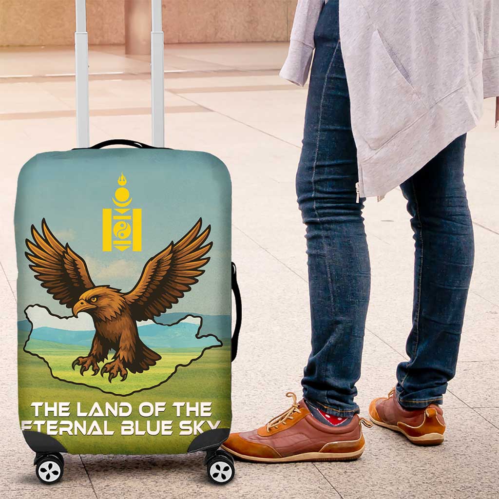 Mongolia Luggage Cover with Eagle Map Eternal Blue Sky Steppe Spirit