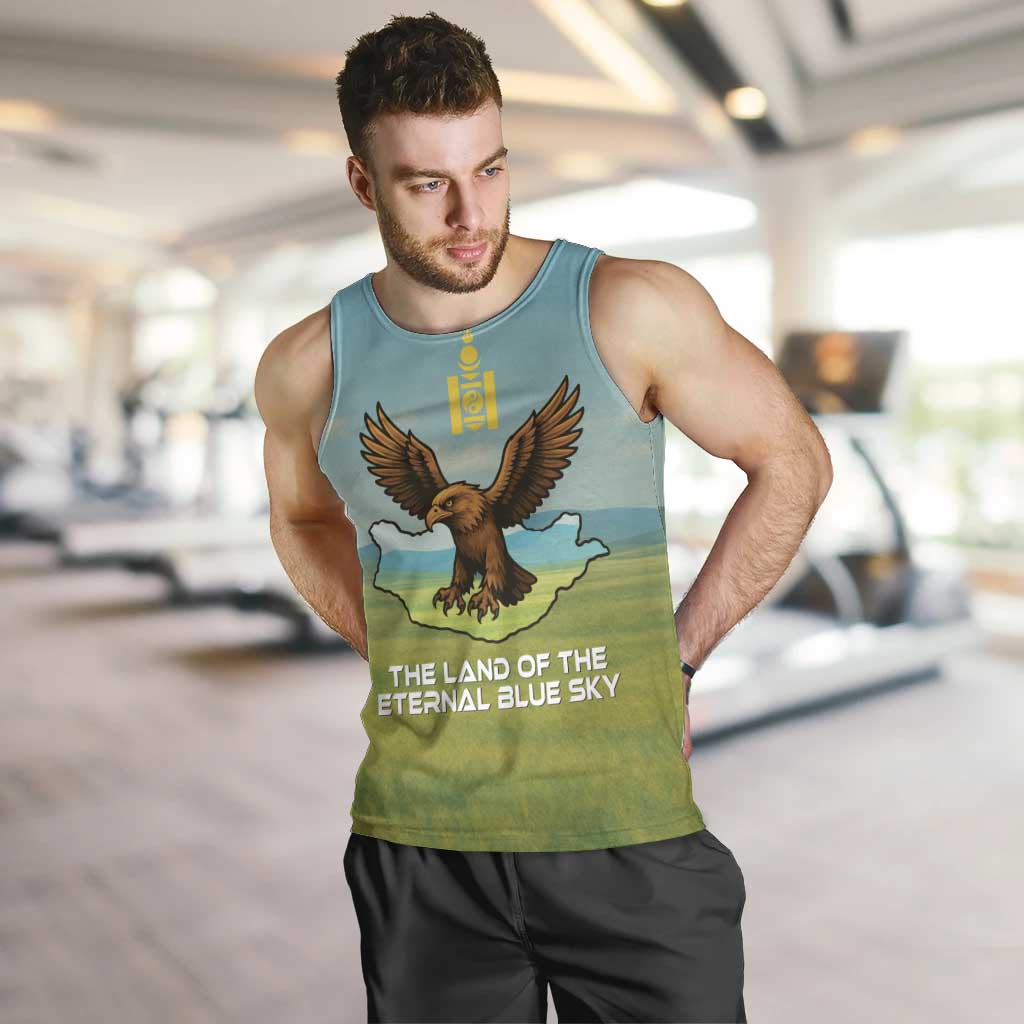 Mongolia Men Tank Top with Eagle Map Eternal Blue Sky Steppe Spirit