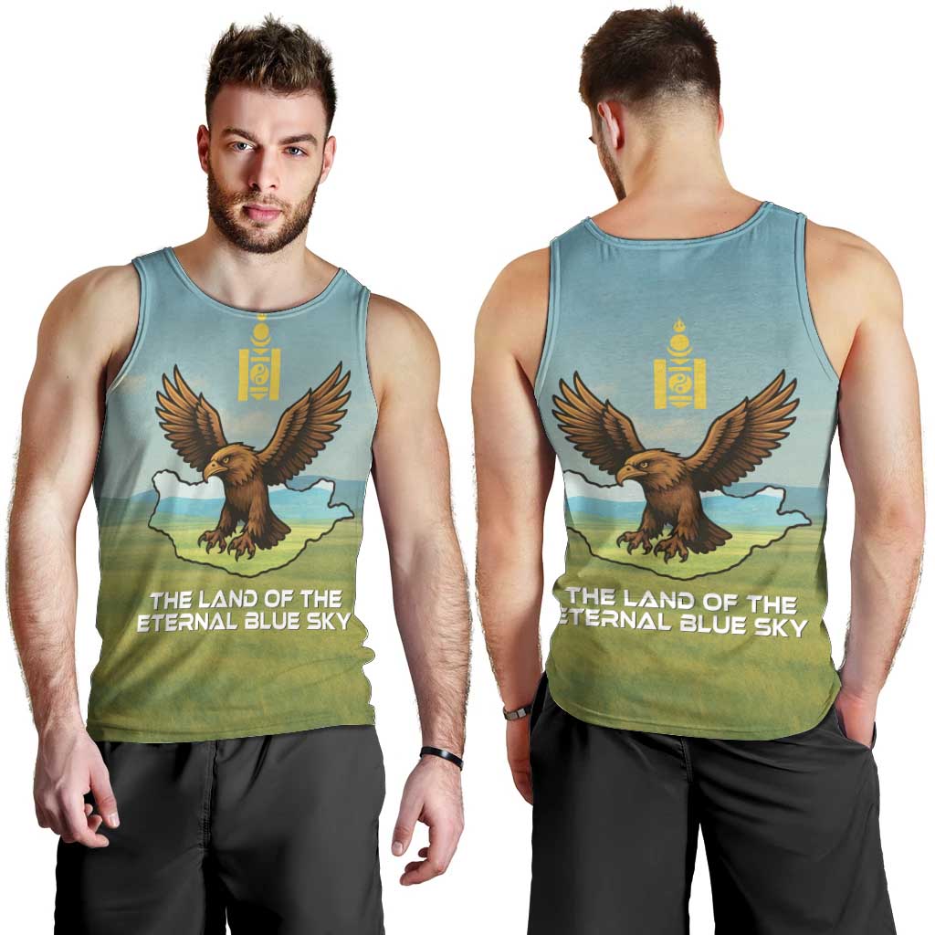 Mongolia Men Tank Top with Eagle Map Eternal Blue Sky Steppe Spirit