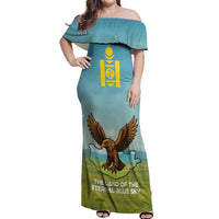Mongolia Off Shoulder Maxi Dress with Eagle Map Eternal Blue Sky Steppe Spirit