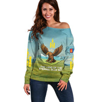Mongolia Off Shoulder Sweater with Eagle Map Eternal Blue Sky Steppe Spirit