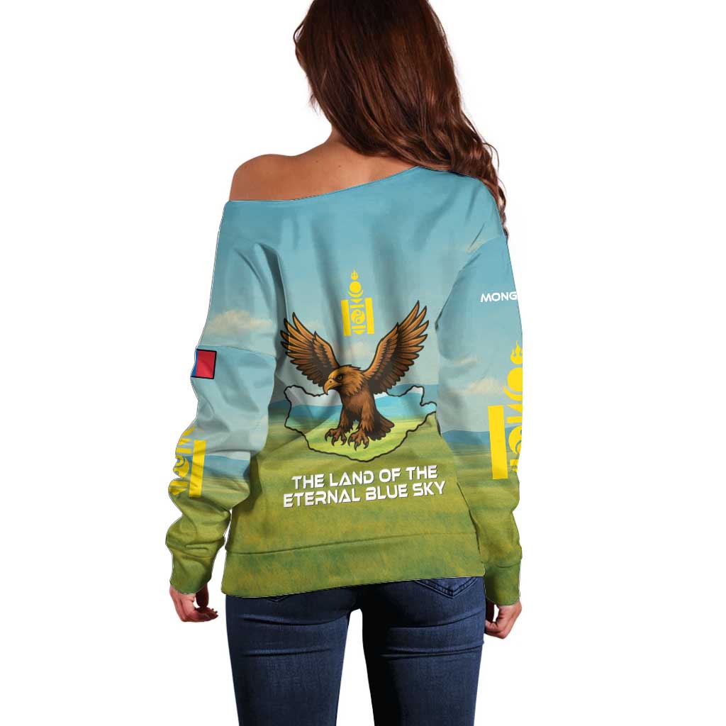 Mongolia Off Shoulder Sweater with Eagle Map Eternal Blue Sky Steppe Spirit