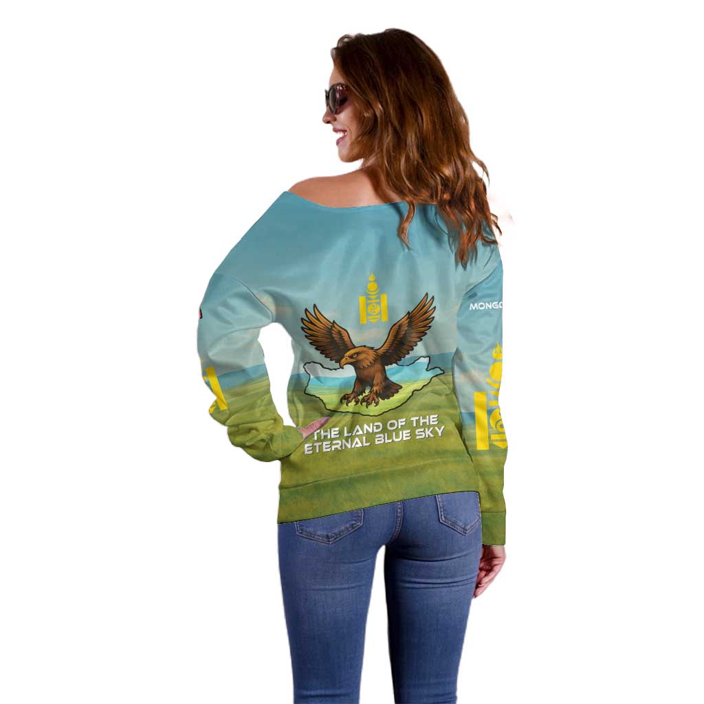 Mongolia Off Shoulder Sweater with Eagle Map Eternal Blue Sky Steppe Spirit