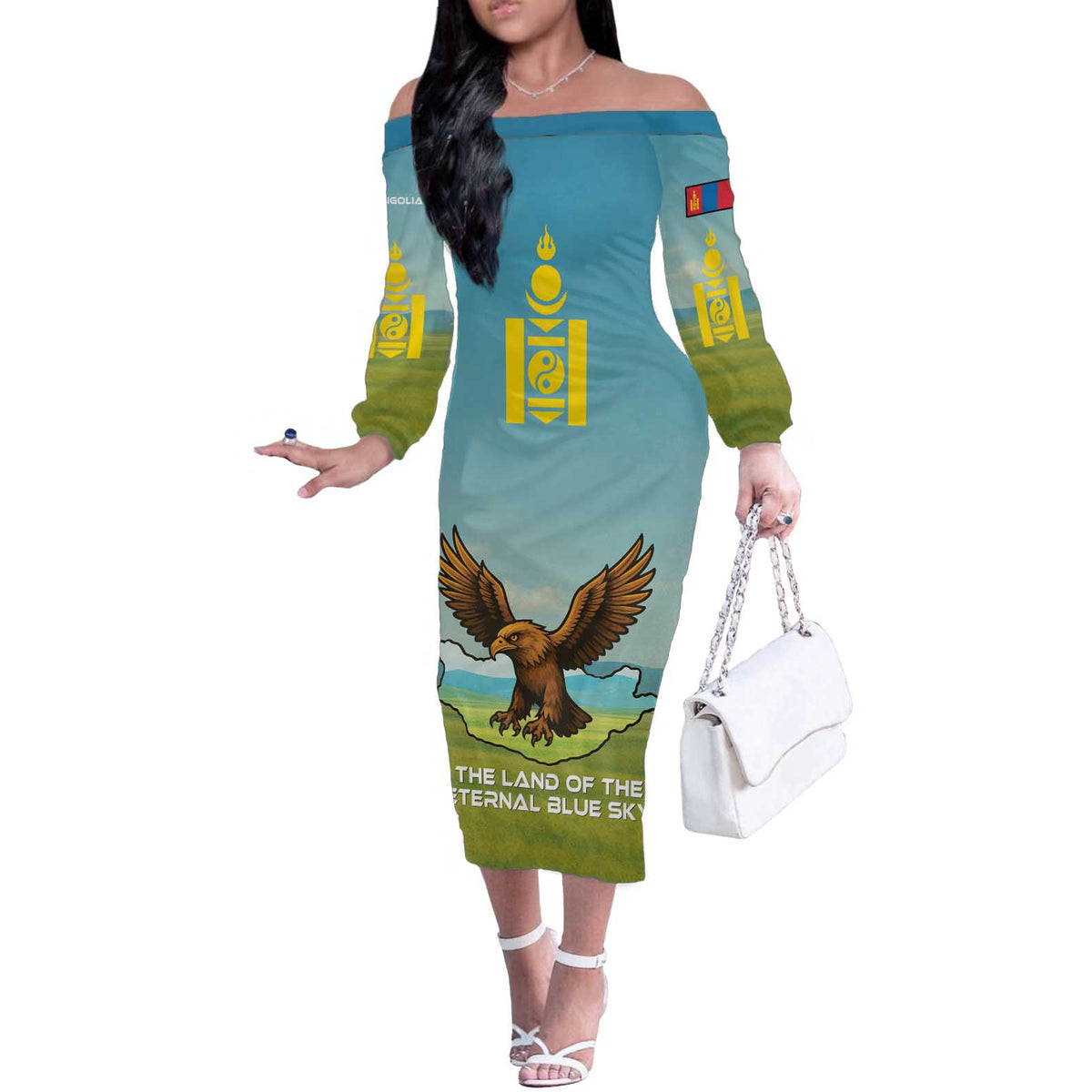 Mongolia Off The Shoulder Long Sleeve Dress with Eagle Map Eternal Blue Sky Steppe Spirit