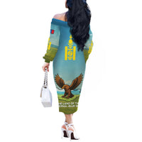 Mongolia Off The Shoulder Long Sleeve Dress with Eagle Map Eternal Blue Sky Steppe Spirit