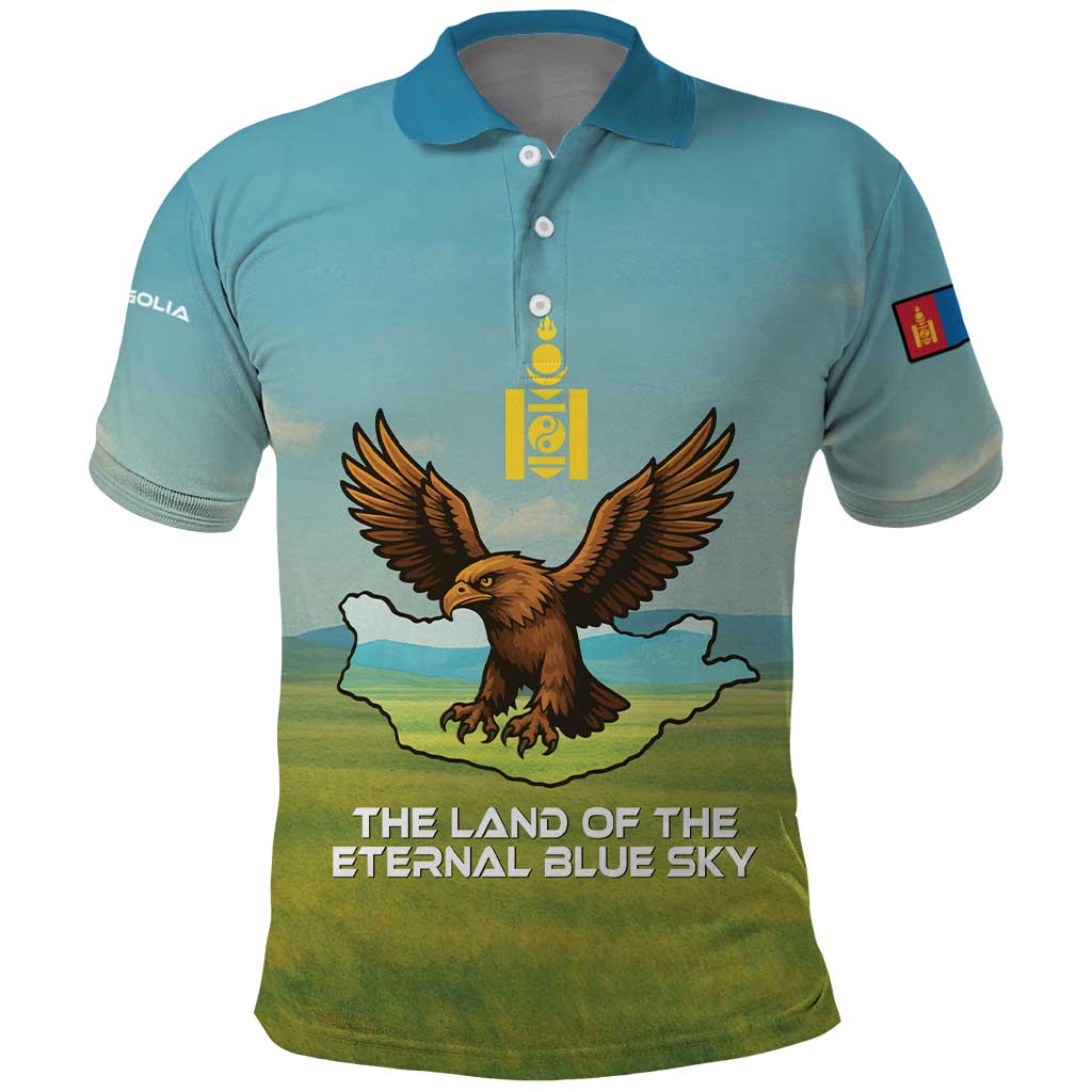 Mongolia Polo Shirt with Eagle Map Eternal Blue Sky Steppe Spirit