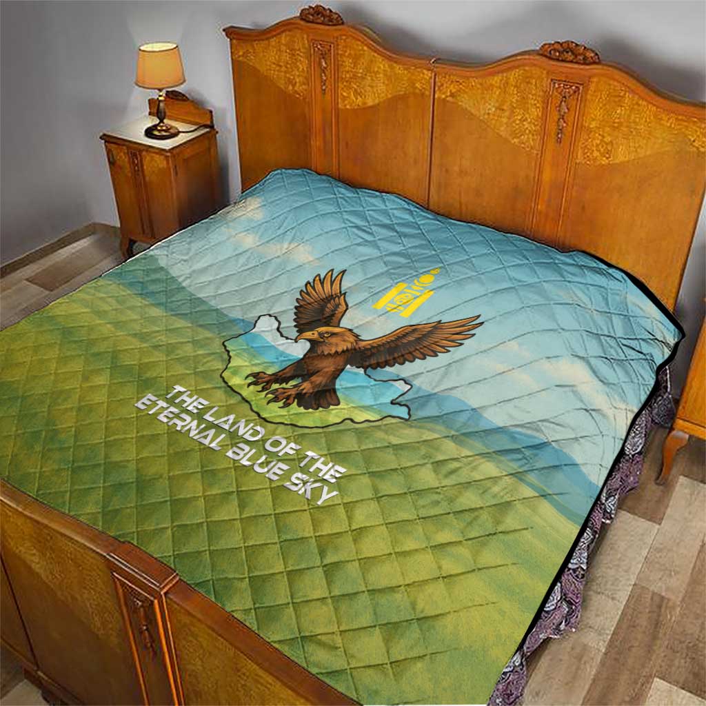 Mongolia Quilt with Eagle Map Eternal Blue Sky Steppe Spirit