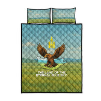 Mongolia Quilt Bed Set with Eagle Map Eternal Blue Sky Steppe Spirit