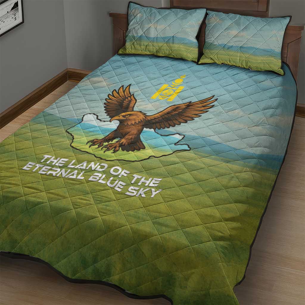 Mongolia Quilt Bed Set with Eagle Map Eternal Blue Sky Steppe Spirit