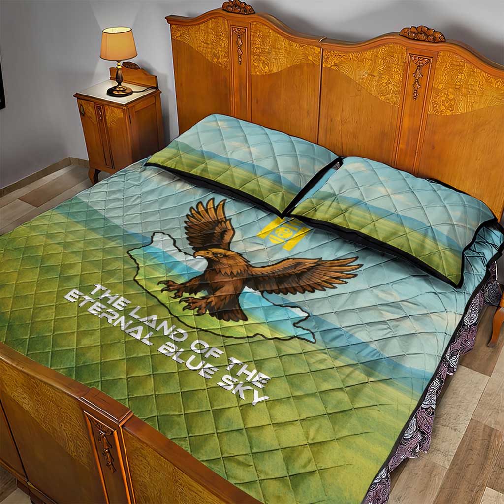 Mongolia Quilt Bed Set with Eagle Map Eternal Blue Sky Steppe Spirit