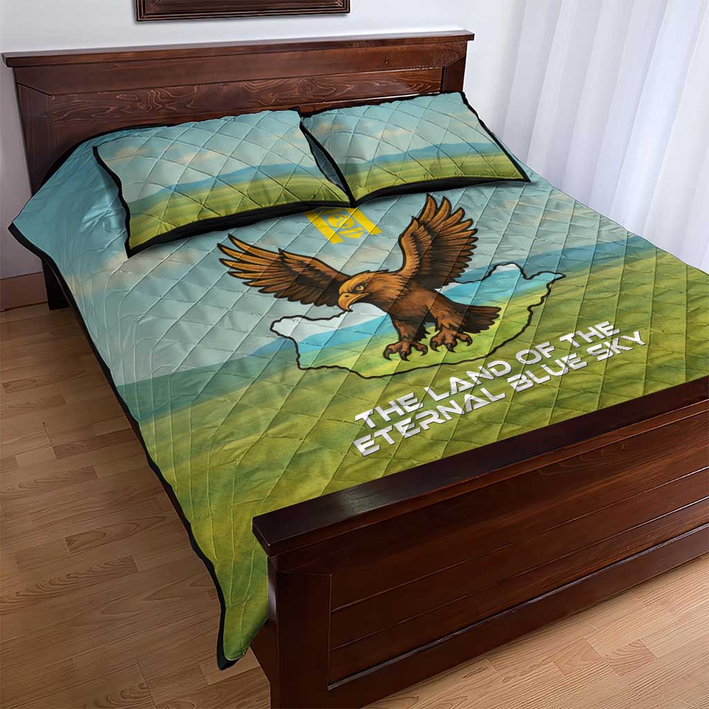 Mongolia Quilt Bed Set with Eagle Map Eternal Blue Sky Steppe Spirit