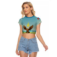 Mongolia Raglan Cropped T Shirt with Eagle Map Eternal Blue Sky Steppe Spirit