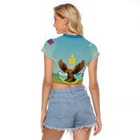 Mongolia Raglan Cropped T Shirt with Eagle Map Eternal Blue Sky Steppe Spirit