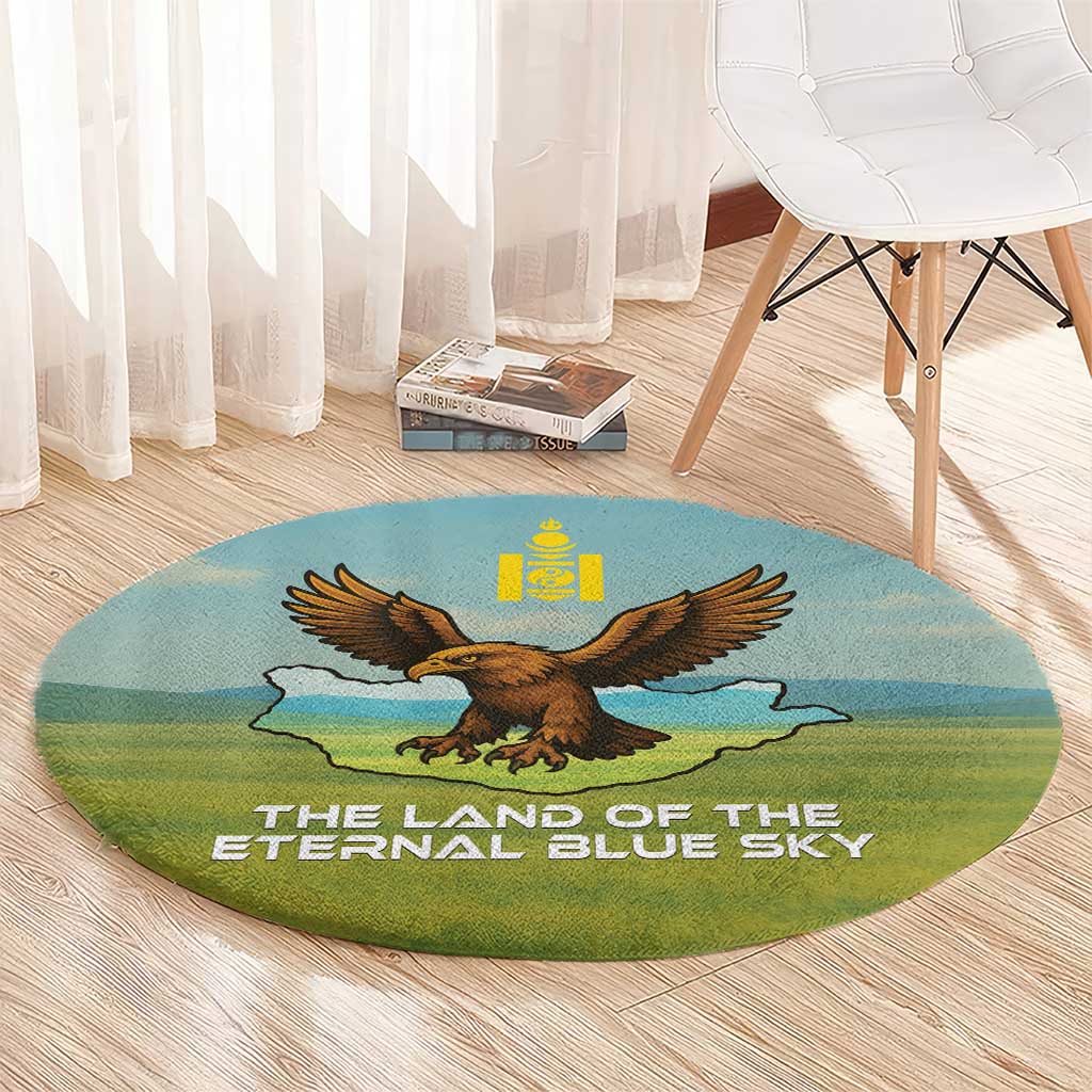 Mongolia Round Carpet with Eagle Map Eternal Blue Sky Steppe Spirit