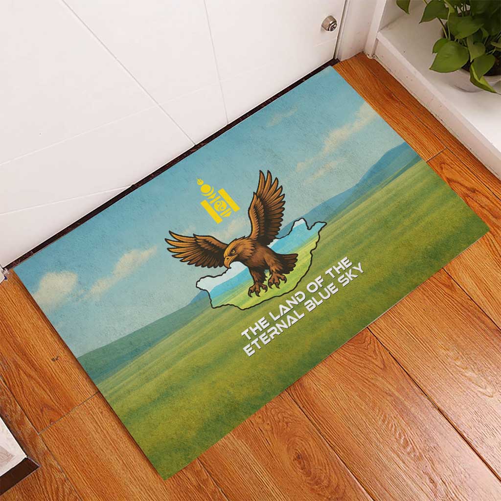 Mongolia Rubber Doormat with Eagle Map Eternal Blue Sky Steppe Spirit
