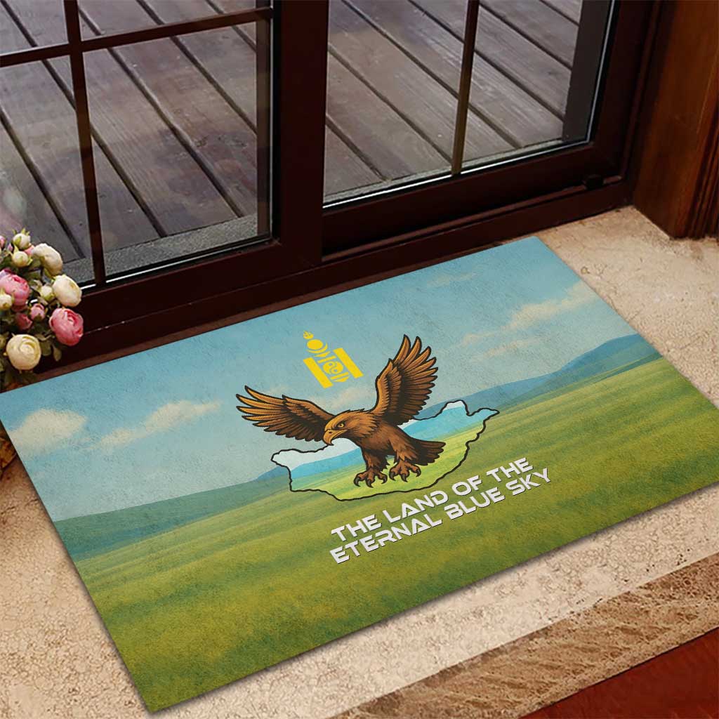 Mongolia Rubber Doormat with Eagle Map Eternal Blue Sky Steppe Spirit