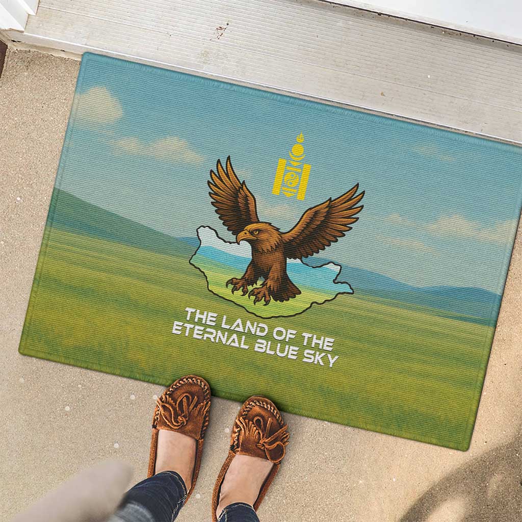 Mongolia Rubber Doormat with Eagle Map Eternal Blue Sky Steppe Spirit