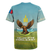Mongolia Rugby Jersey with Eagle Map Eternal Blue Sky Steppe Spirit