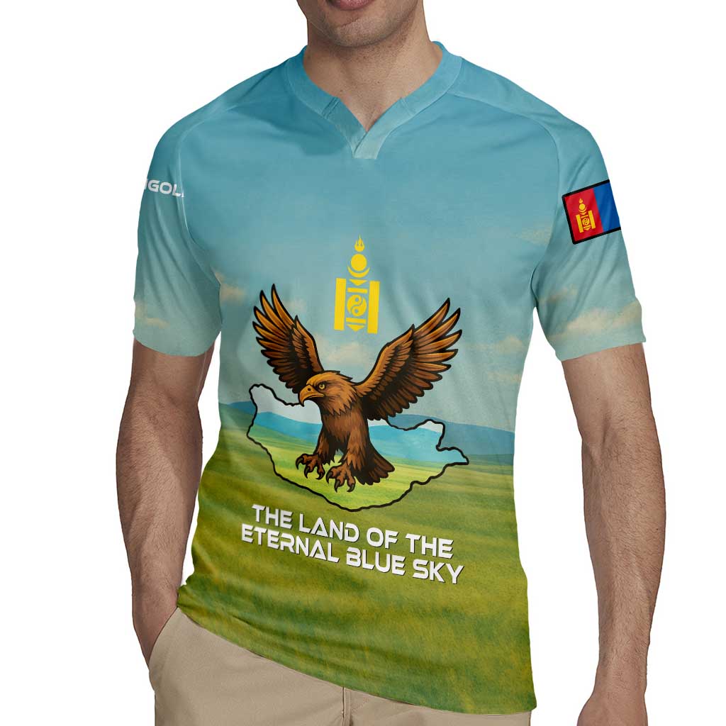 Mongolia Rugby Jersey with Eagle Map Eternal Blue Sky Steppe Spirit
