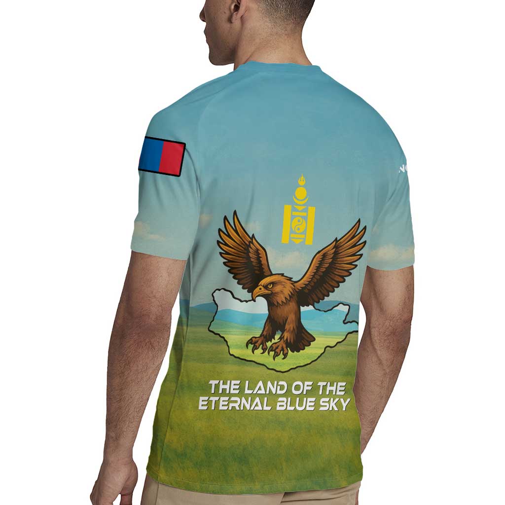 Mongolia Rugby Jersey with Eagle Map Eternal Blue Sky Steppe Spirit