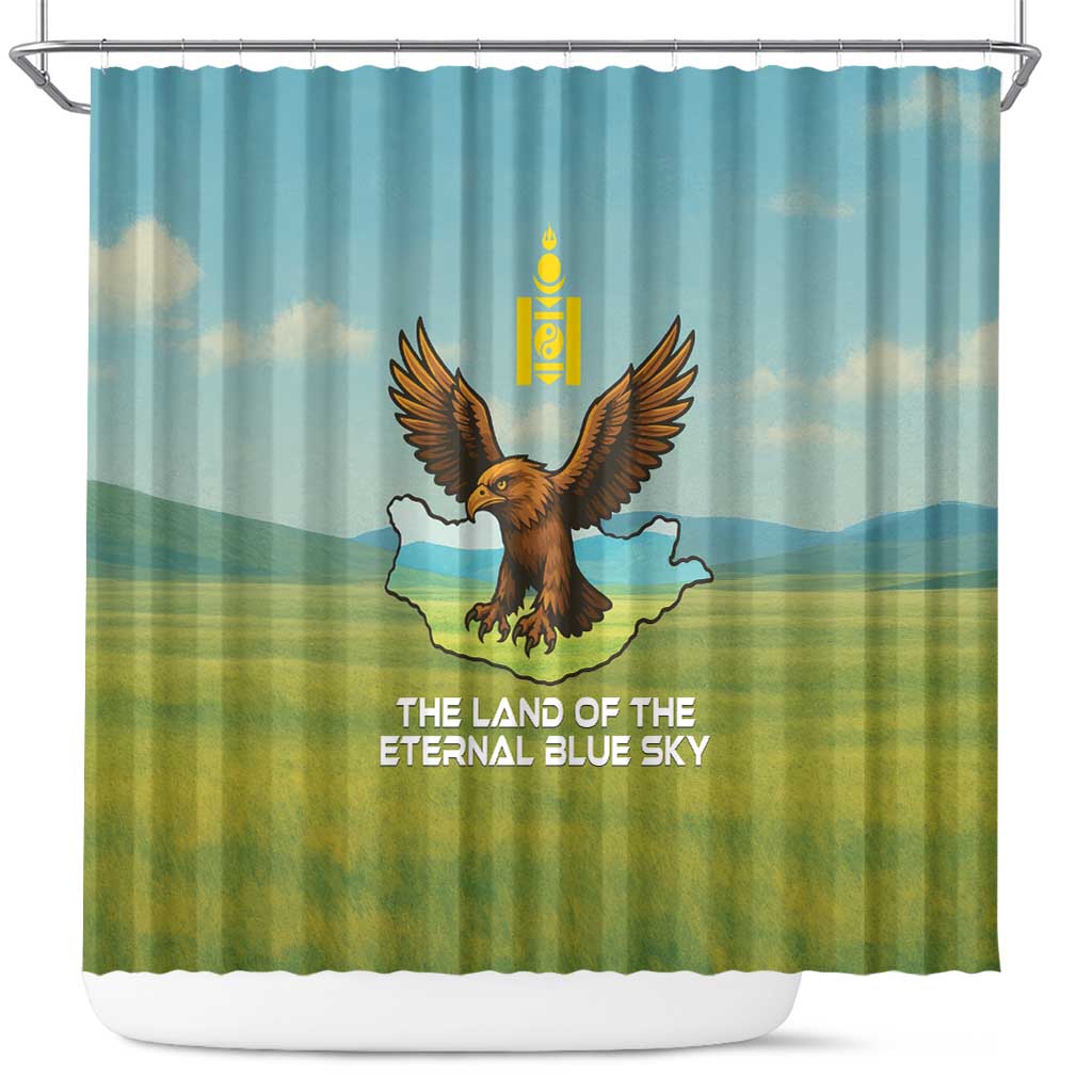 Mongolia Shower Curtain with Eagle Map Eternal Blue Sky Steppe Spirit