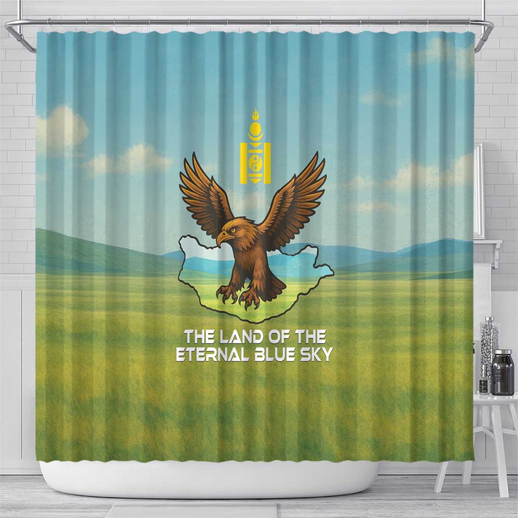 Mongolia Shower Curtain with Eagle Map Eternal Blue Sky Steppe Spirit