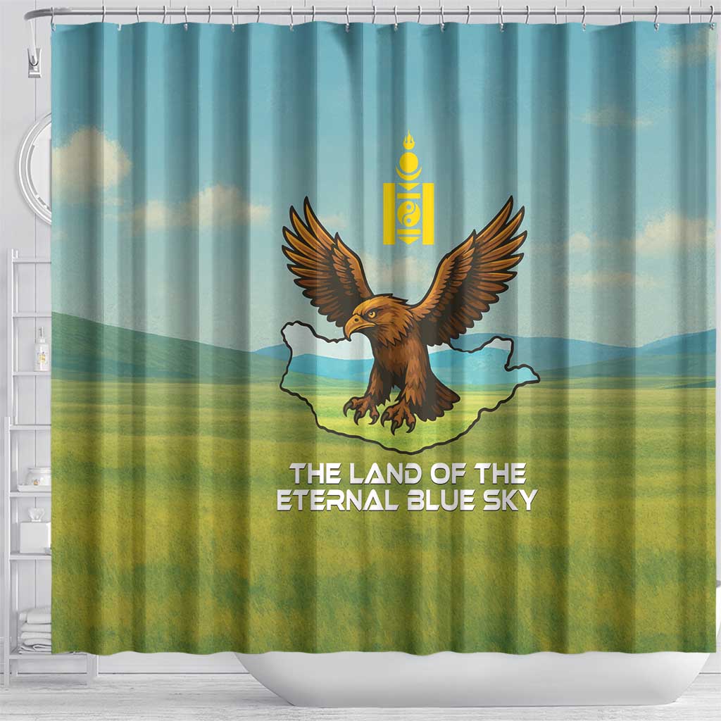Mongolia Shower Curtain with Eagle Map Eternal Blue Sky Steppe Spirit