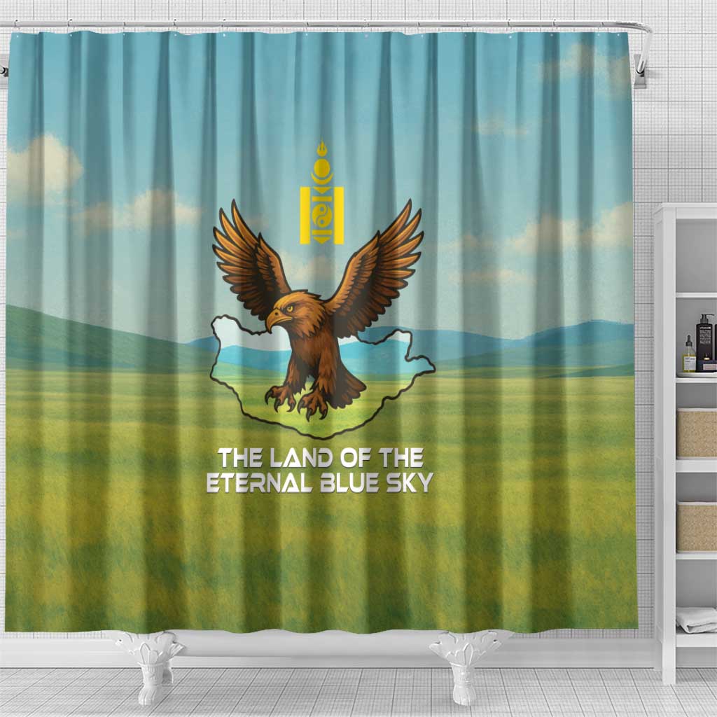 Mongolia Shower Curtain with Eagle Map Eternal Blue Sky Steppe Spirit
