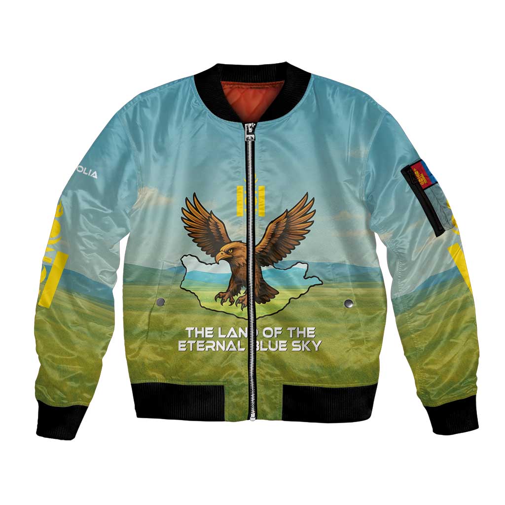 Mongolia Sleeve Zip Bomber Jacket with Eagle Map Eternal Blue Sky Steppe Spirit