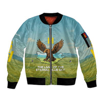 Mongolia Sleeve Zip Bomber Jacket with Eagle Map Eternal Blue Sky Steppe Spirit