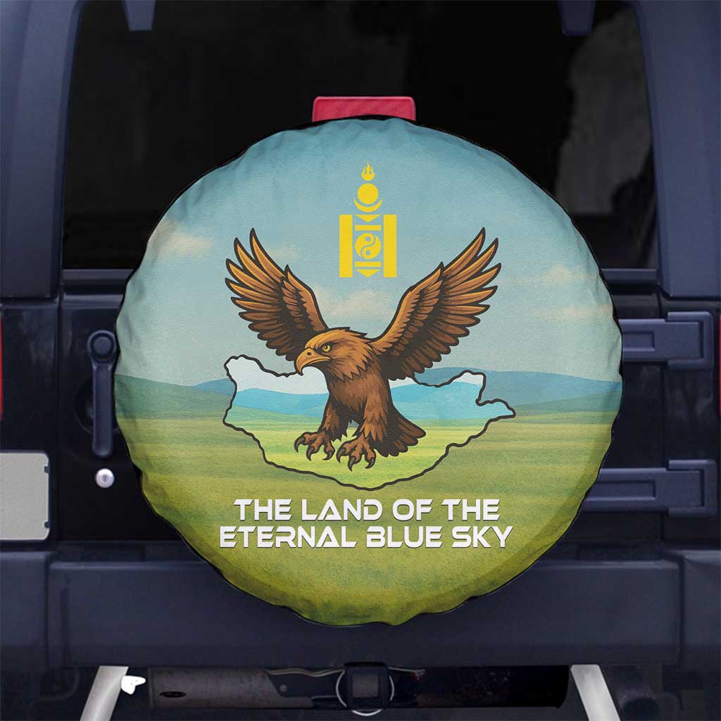 Mongolia Spare Tire Cover with Eagle Map Eternal Blue Sky Steppe Spirit