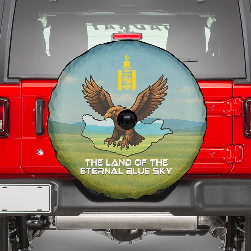 Mongolia Spare Tire Cover with Eagle Map Eternal Blue Sky Steppe Spirit