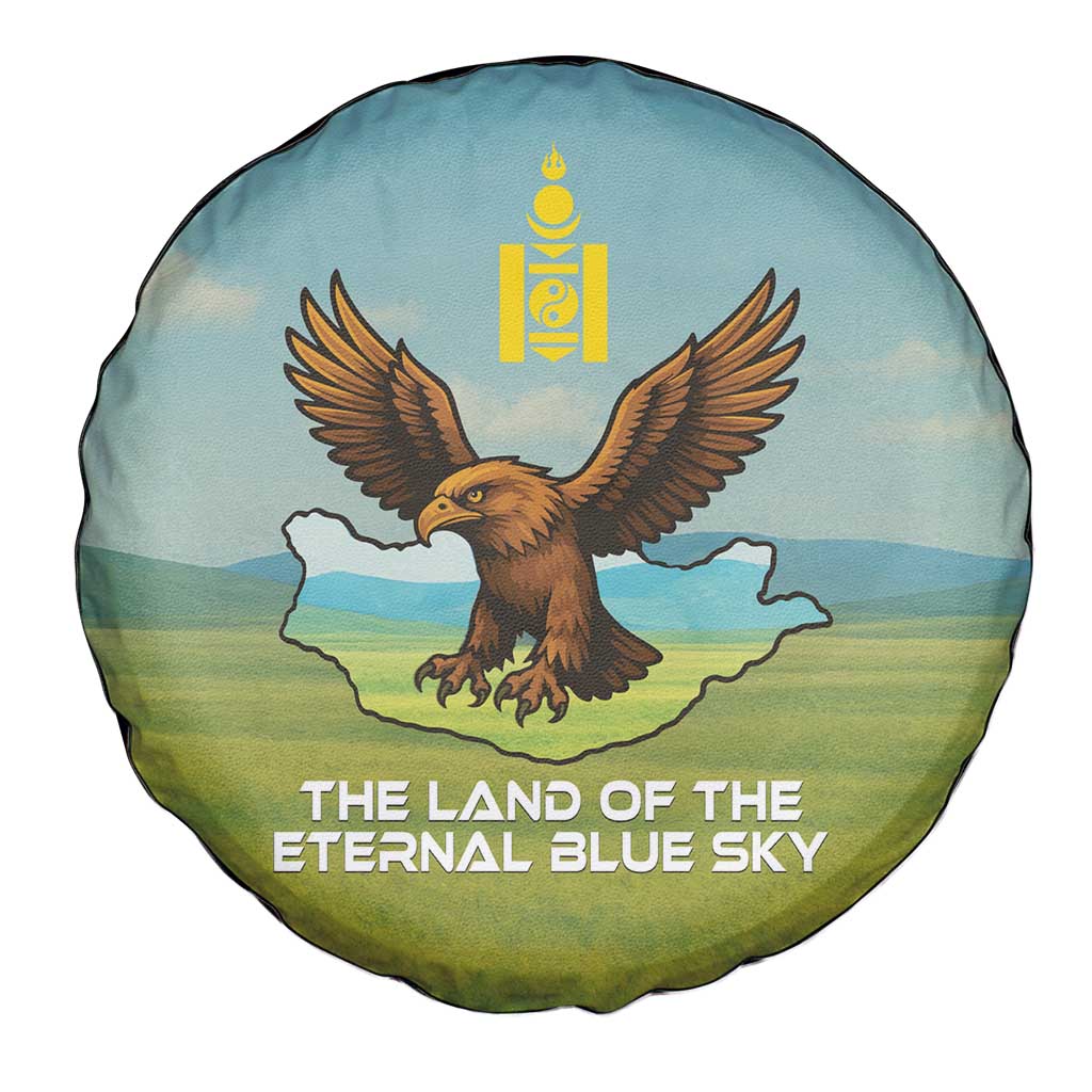 Mongolia Spare Tire Cover with Eagle Map Eternal Blue Sky Steppe Spirit