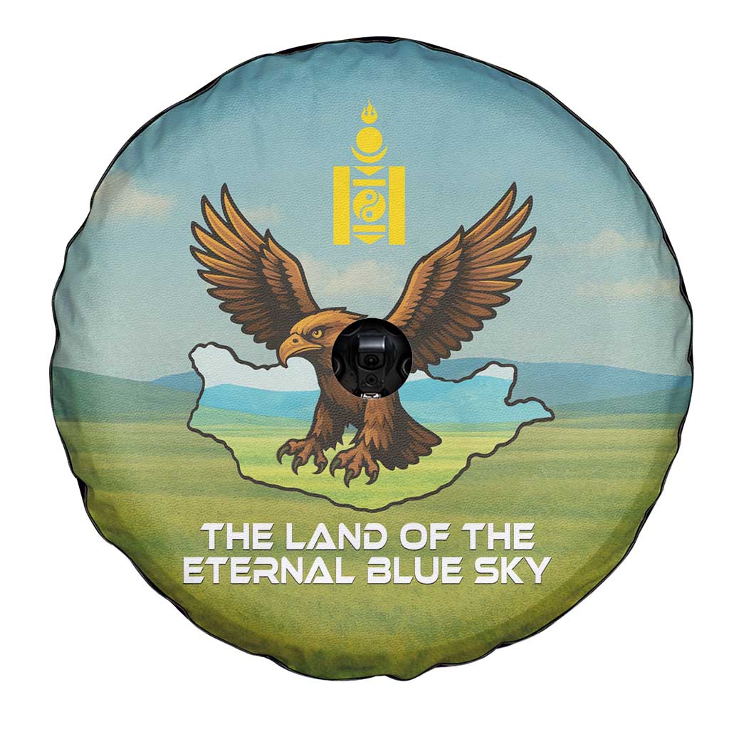 Mongolia Spare Tire Cover with Eagle Map Eternal Blue Sky Steppe Spirit