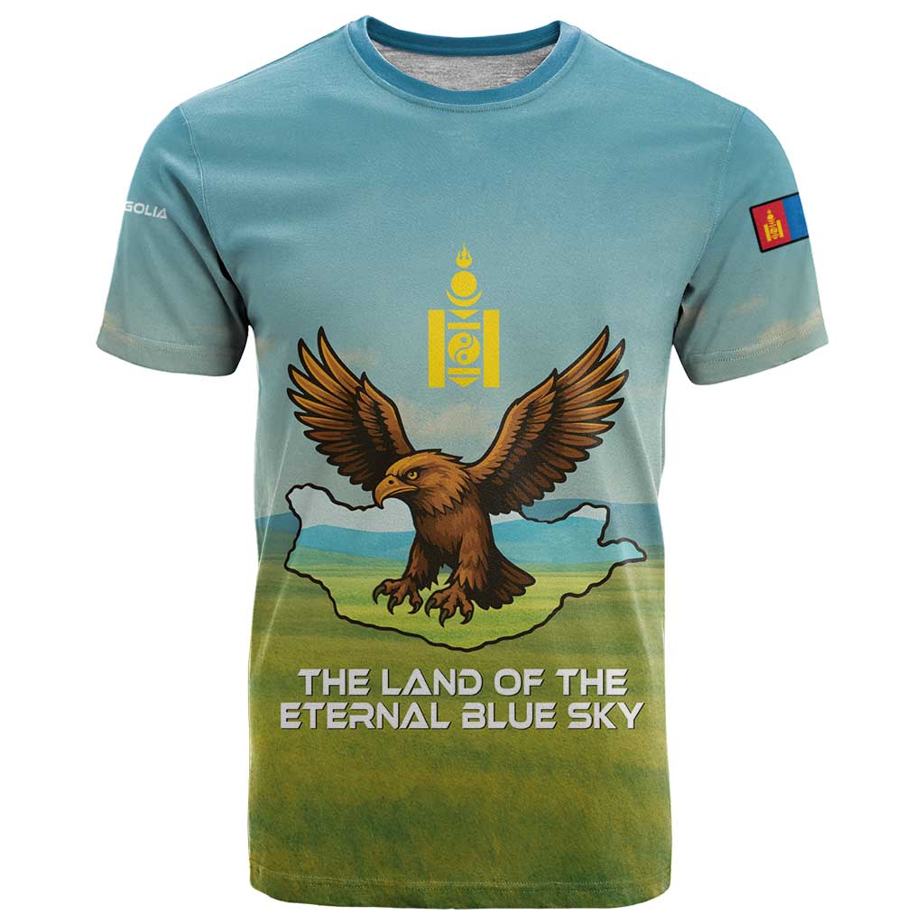 Mongolia T Shirt with Eagle Map Eternal Blue Sky Steppe Spirit