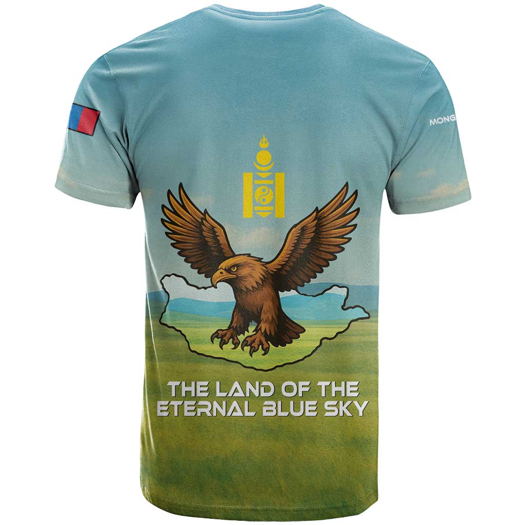 Mongolia T Shirt with Eagle Map Eternal Blue Sky Steppe Spirit