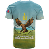 Mongolia T Shirt with Eagle Map Eternal Blue Sky Steppe Spirit
