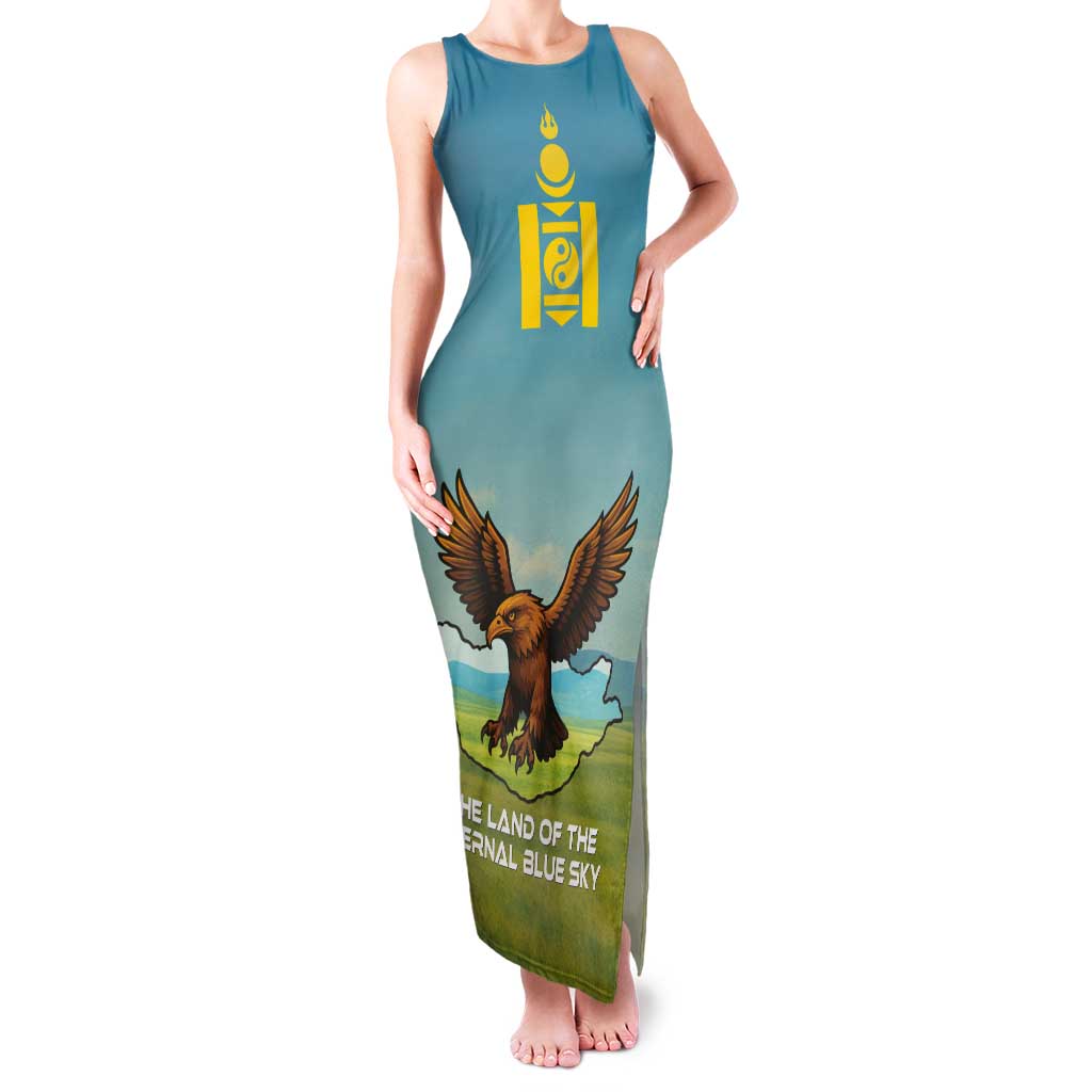 Mongolia Tank Maxi Dress with Eagle Map Eternal Blue Sky Steppe Spirit
