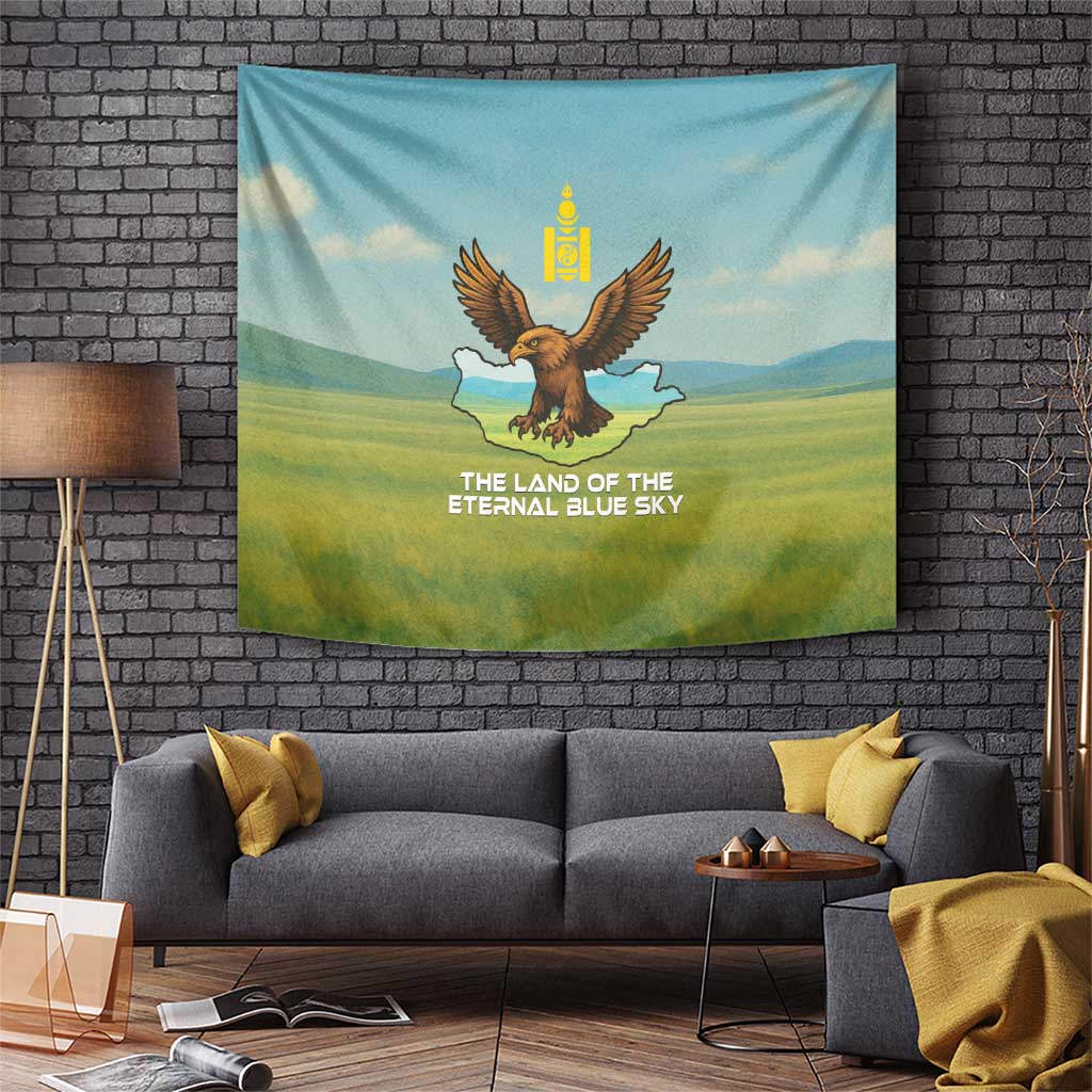 Mongolia Tapestry with Eagle Map Eternal Blue Sky Steppe Spirit